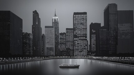 Cityscape night, boat harbor, calm waters, urban background, travel