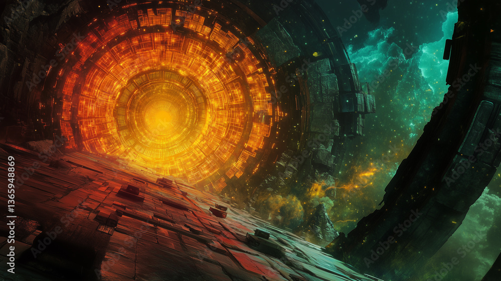 Poster ancient relic glowing with intricate geometric patterns found in a mysterious landscape at twilight