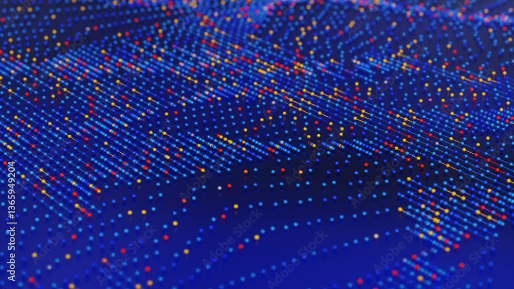 Poster a dynamic data stream and digital wave form a tech pattern across an abstract grid of glowing dots, 