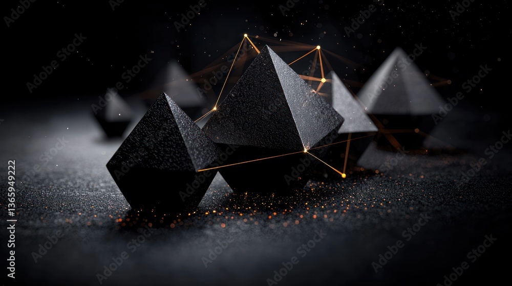 Poster abstract composition of black geometric shapes with glowing lines on a dark background