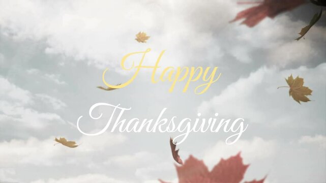 Falling autumn leaves with Happy Thanksgiving text against cloudy sky animation