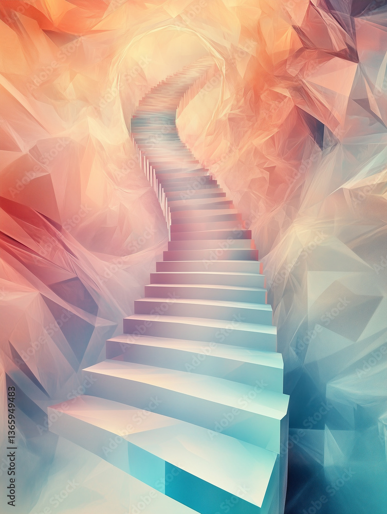Poster infinite glowing staircase spiraling through a colorful abstract environment at twilight