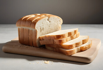 Freshly sliced loaf of white bread on wooden cutting board with crumbs
