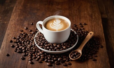 Aromatic Coffee Delight: Latte Art Amidst Coffee Beans on Wooden Surface