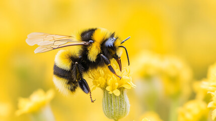 Close-up of furry bumblebee on yellow flower, showcasing intricate details of its body and wings, representing nature, pollination, and springtime