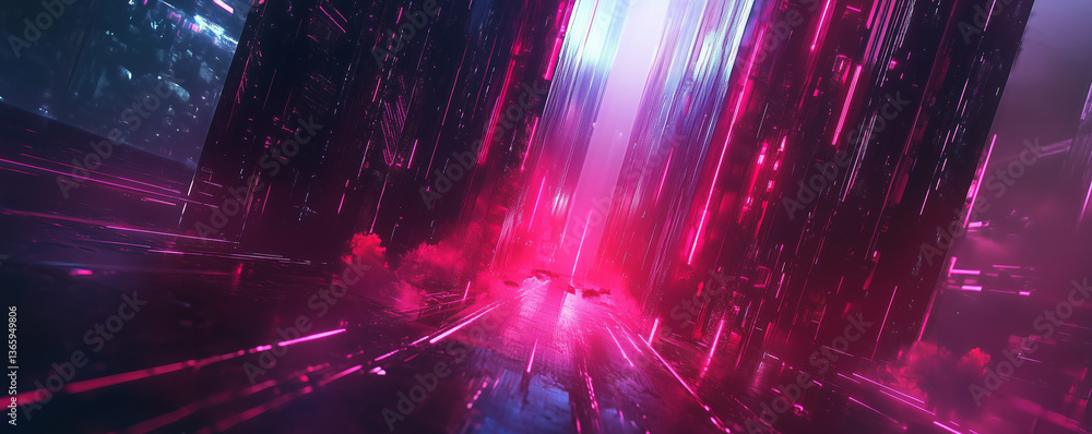 Poster exploring a futuristic dark sci-fi landscape in deep space with neon light pathways and towering str