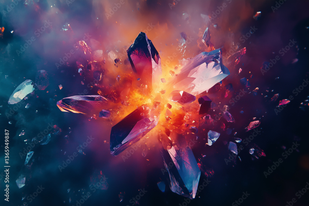 Poster vibrant crystal explosion against a dark matte background showcasing vivid colors and dynamic contra