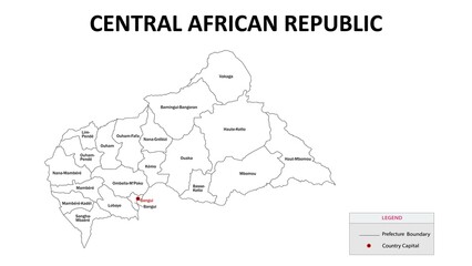 Fototapeta premium Central African Republic Map. State and district map of Central African Republic. Administrative map of Central African Republic with states and boundaries in white color.