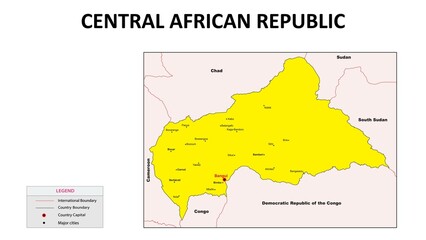 Central African Republic Map. Major cities in Central African Republic. Political map of Central African Republic with border and neighbouring countries.