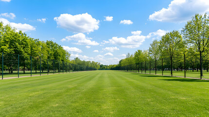 Naklejka premium Lush Green Park Avenue With Rows Of Trees Under Bright Blue Sky And White Clouds On A Sunny Summer Day