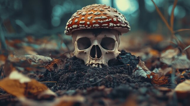 A skull partially buried in dirt with a large mushroom growing on top of it. The scene, set in a forest environment, evokes a sense of mystery and dark fantasy, ideal for Halloween or fantasy-based