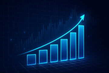 Glowing blue bar chart with rising arrow on dark digital background symbolizing business growth, financial success, analytics, data performance and progress