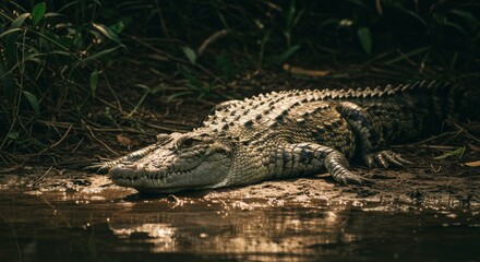 Majestic Crocodile Resting Peacefully on the Riverbank in the Jungle