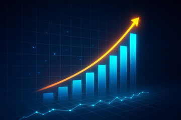 Glowing bar chart with rising orange arrow on dark digital background representing financial growth, success, analytics, data visualization and performance