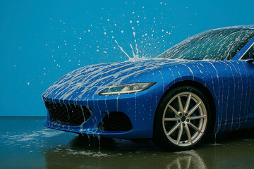 Blue sports car being washed with soap and water splashing on hood, illustrating car cleaning service, vehicle maintenance, and auto care on blue background