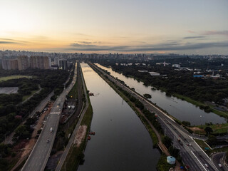 Incredible aerial view of the Pinheiros River waterfront in the city of São Paulo, a major Latin...