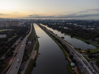 Incredible aerial view of the Pinheiros River waterfront in the city of São Paulo, a major Latin...