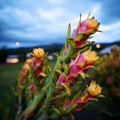 Obraz premium Vibrant Dragon Fruit Blossoms at Dusk Farm Scene