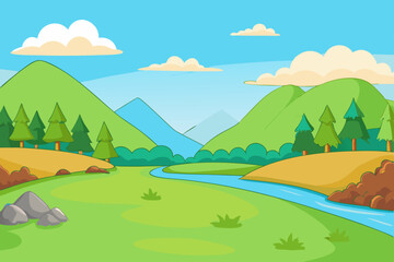 Summer natural landscape with mountains, trees, clouds, and a road in a green meadow