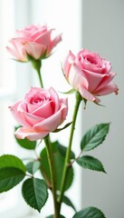 Fototapeta premium Delicate pink roses, lush green leaves, pristine white backdrop , close-up, leaves