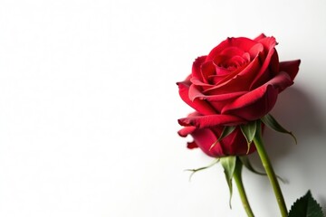 Fototapeta premium Drooping scarlet roses, pure white background, flower, stem, macro