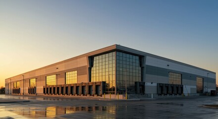 A large distribution center building with loading docks at sunset and a wet parking lot area