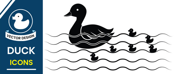 Silhouette of swimming duck vector with duckling symbol. Duck icon vector set design. Set of birds icon for design. Vector illustration. Duck on the water