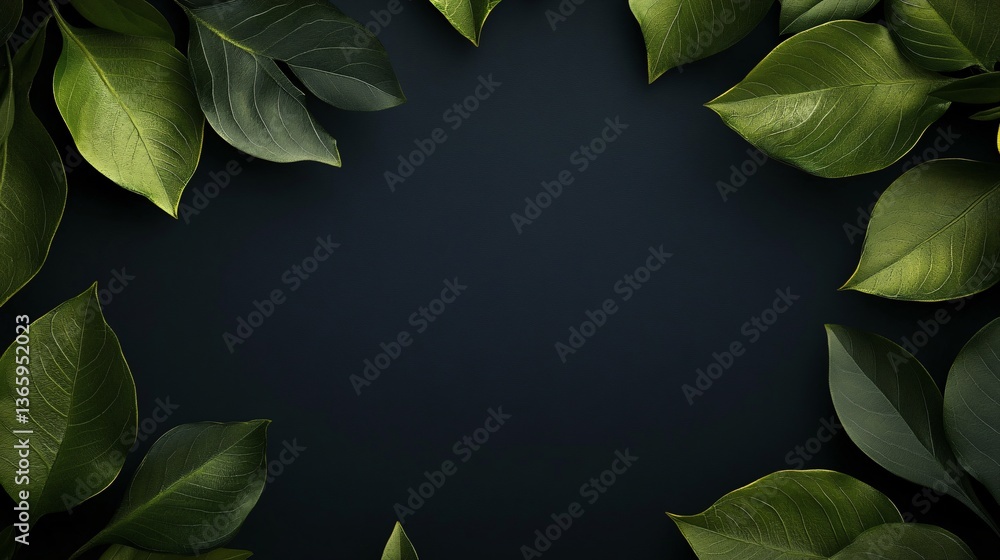 Poster green leaves creating a frame on dark background
