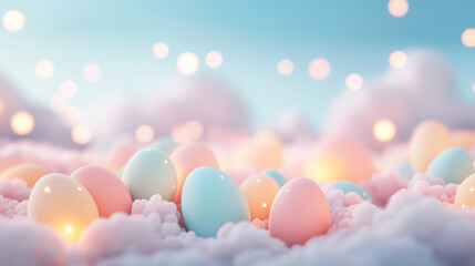 A fantasy-inspired soft dreamy cloudy scene with glowing colorful Easter eggs in the foreground, no people, clean aesthetic