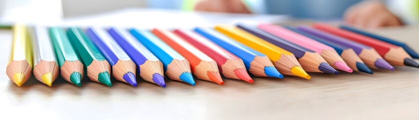 Fototapeta premium Artistic close-up of vibrantly sharpened colored pencils creative workspace photography bright environment macro view creativity unleashed
