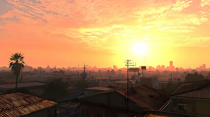 Fototapeta premium Vibrant Sunset Over A Cityscape With Orange Sky And Silhouetted Buildings