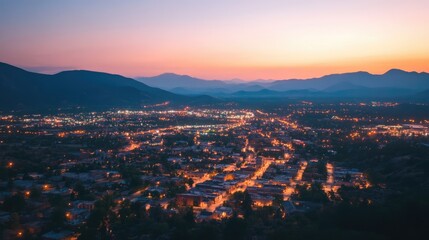 Aerial view of a city at dusk with glowing lights and distant mountains in the background