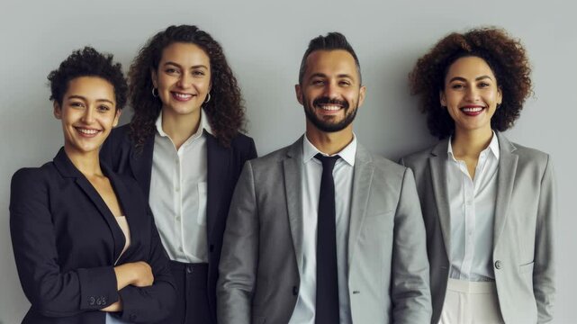 group picture of smiling young hispanic freelancers one man and three women standing looking at the camera	on Gary background