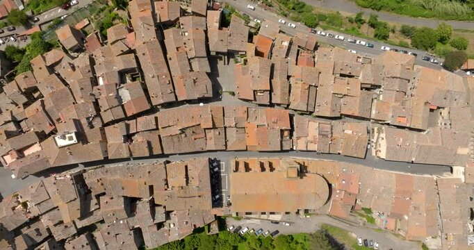 Aerial perpendicular view of Capranica, a small town in the Tuscia area in the province of Viterbo, Lazio, Italy.