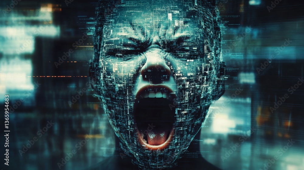 Aufkleber a digital face screams as it disintegrates into abstract data and glitch-like effects. the image rep