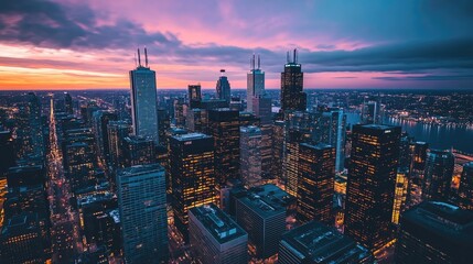 Obraz premium Aerial view of a city skyline at dusk with illuminated buildings
