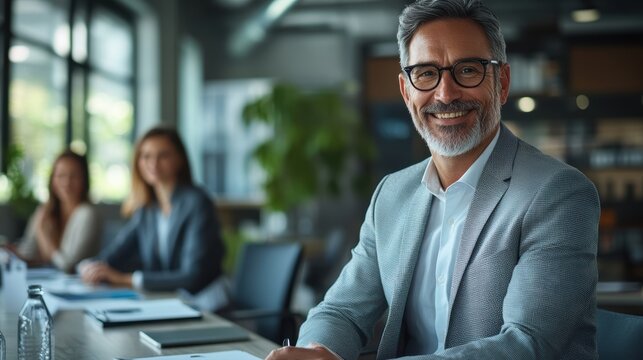 A product launch event in a modern conference room with business professionals presenting new products