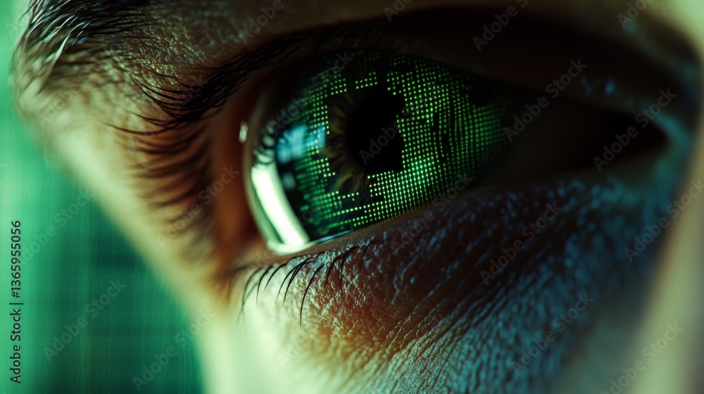 Poster a striking close-up of a cybernetic eye reflecting digital code in its iris, symbolizing the fusion 