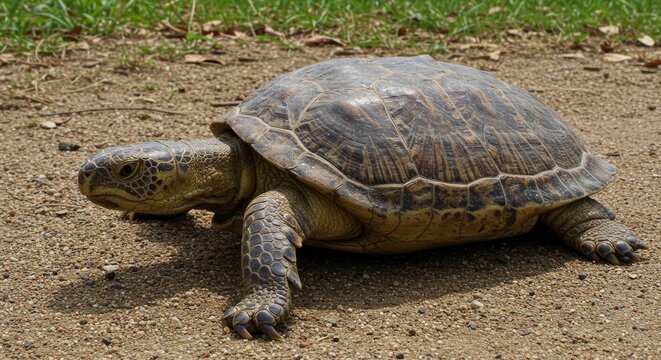Isolated tortoise basking in the sunshine on a dirt patch outdoors
