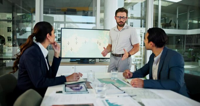 Business, presentation and people with map for discussion, wind turbine or sustainable idea for clean energy. Screen, office meeting and speaker with team to pitch windmill project for global funding