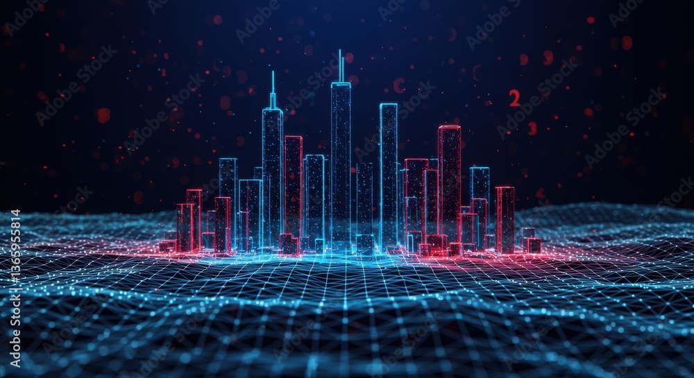 Poster abstract cityscape with glowing buildings on a grid surface in a dark digital environment