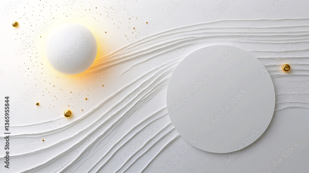 Aufkleber white podium with sphere glowing and golden particles floating on white abstract background