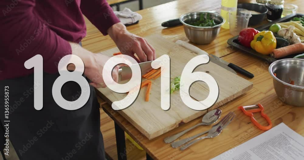 Poster slicing vegetables on cutting board, person creating animation with large numbers