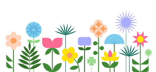 Background decorated with colorful flowers and leaves. Floral, spring and summer banner. Geometric flat vector illustration on white background.