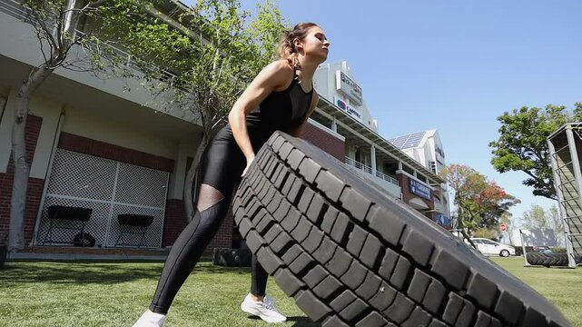 Low camera orbits woman performing tire flip exercise on turf outside
