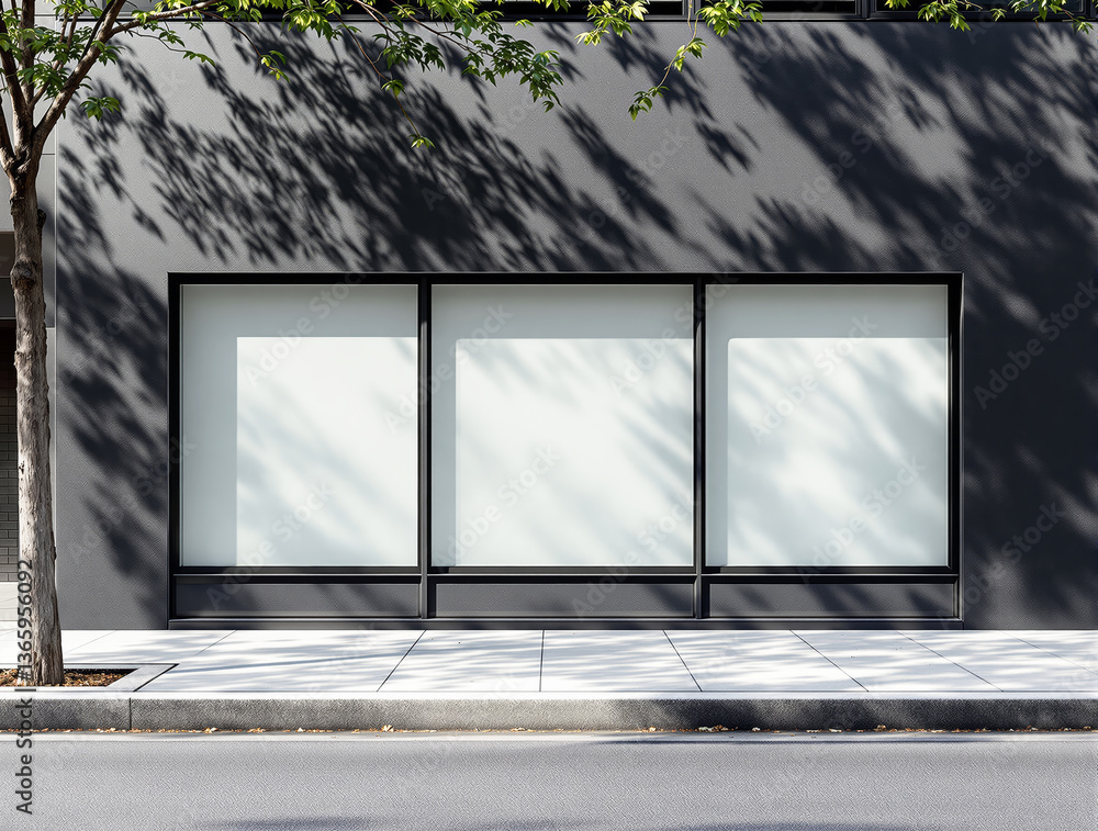 Poster empty window display on modern dark building facade with glass panels, casting natural shadows from 