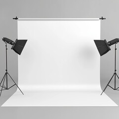 Professional photography studio setup with white backdrop and lighting equipment