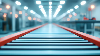A close-up view of a conveyor belt in a bright industrial setting, showcasing the sleek design and smooth lines.