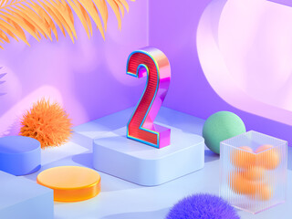 Minimal abstract colorful background for number 2 presentation. Product podium on iridescent holographic round background. 3D rendering illustration.
