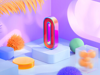 Minimal abstract colorful background for number 0 presentation. Product podium on iridescent holographic round background. 3D rendering illustration.